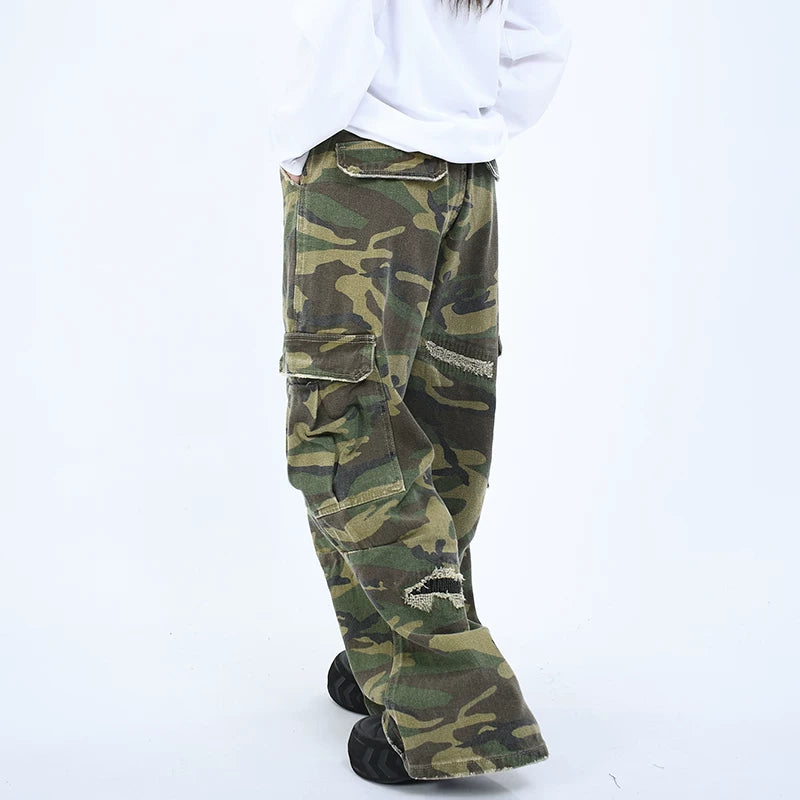 OV original American retro camouflage worn out design, vintage work pants for men and women, loose straight leg large pocket long pants