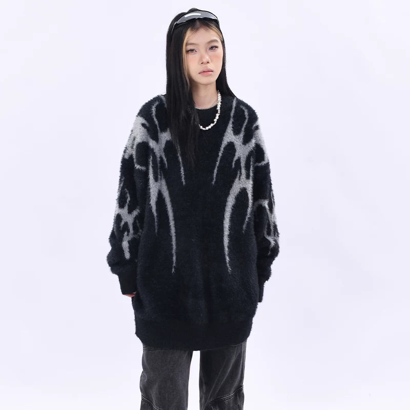 OV original autumn and winter high street retro jacquard design round neck sweater for men and women loose mohair lazy knit sweater trend