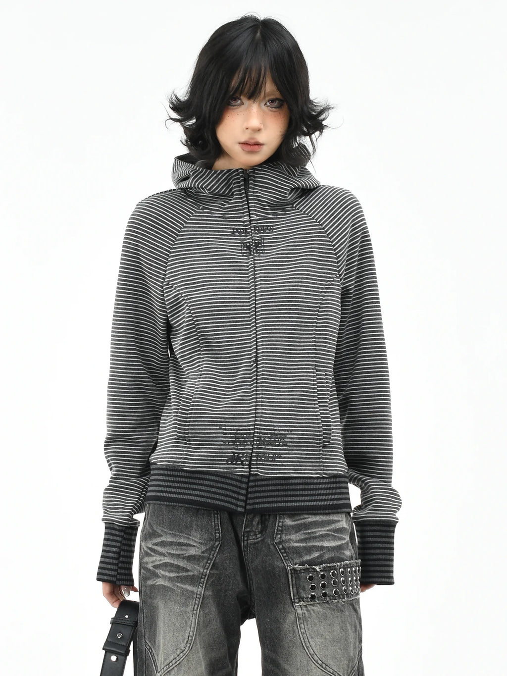 OV original American retro striped slim fit hooded sweatshirt for women's autumn street casual short cardigan jacket top