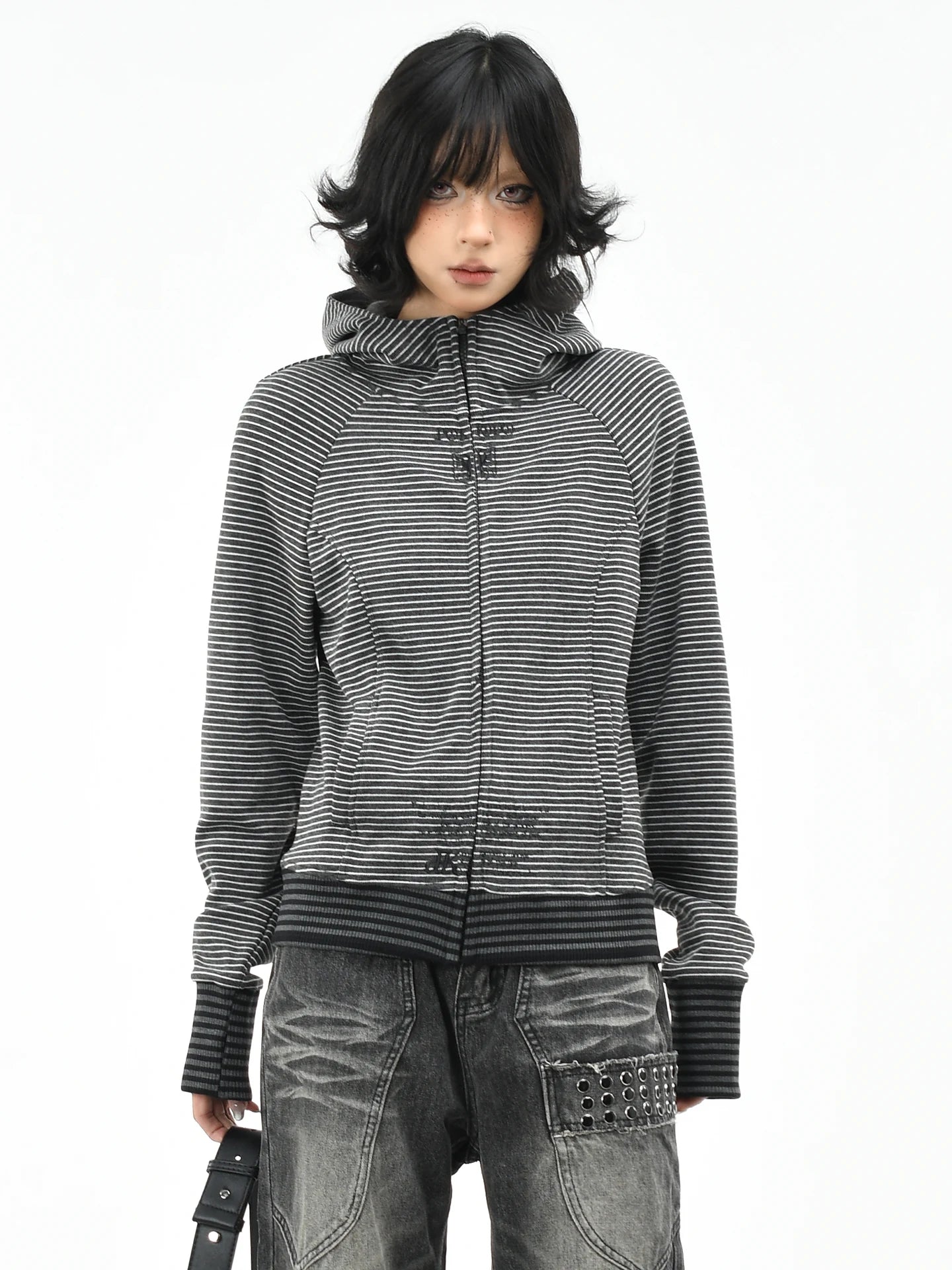 OV original American retro striped slim fit hooded sweatshirt for women's autumn street casual short cardigan jacket top