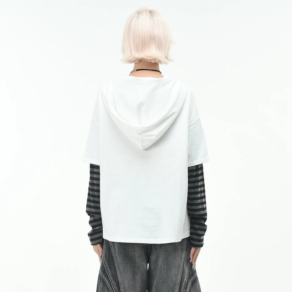 OV original high street Abi style strap V-neck long sleeved T-shirt for men and women autumn loose fitting fake two-piece spliced hooded top