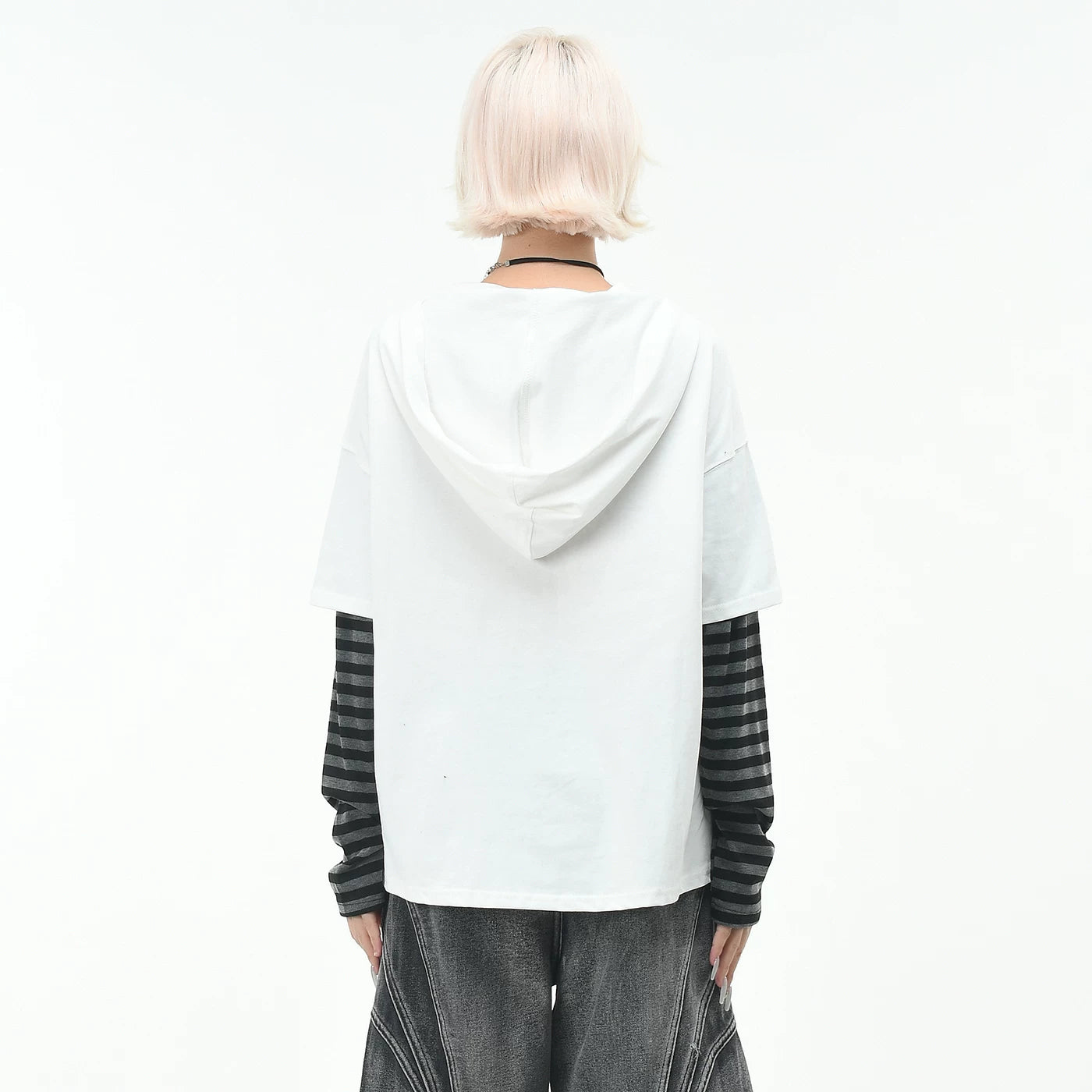 OV original high street Abi style strap V-neck long sleeved T-shirt for men and women autumn loose fitting fake two-piece spliced hooded top