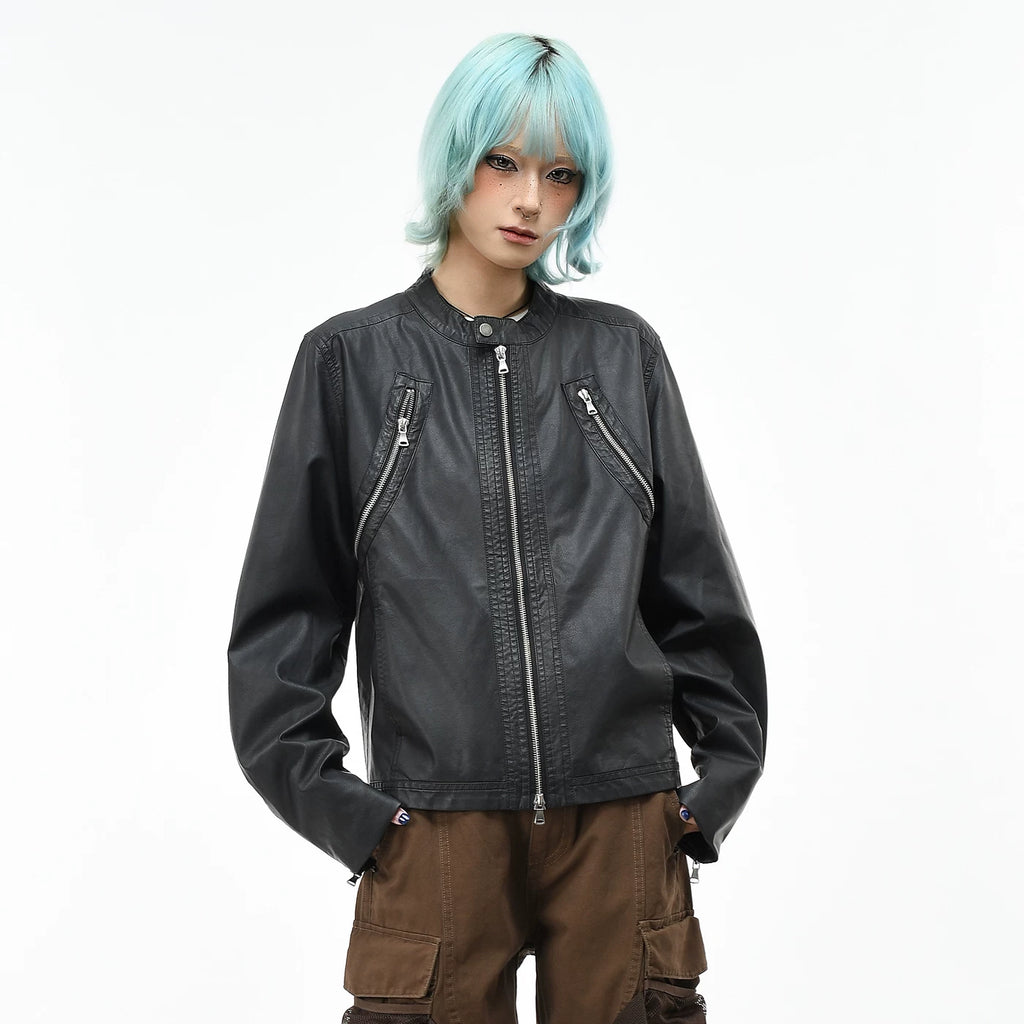 OV original high street motorcycle style PU leather jacket with stand up collar, men's and women's autumn zipper design, cool and stylish short jacket