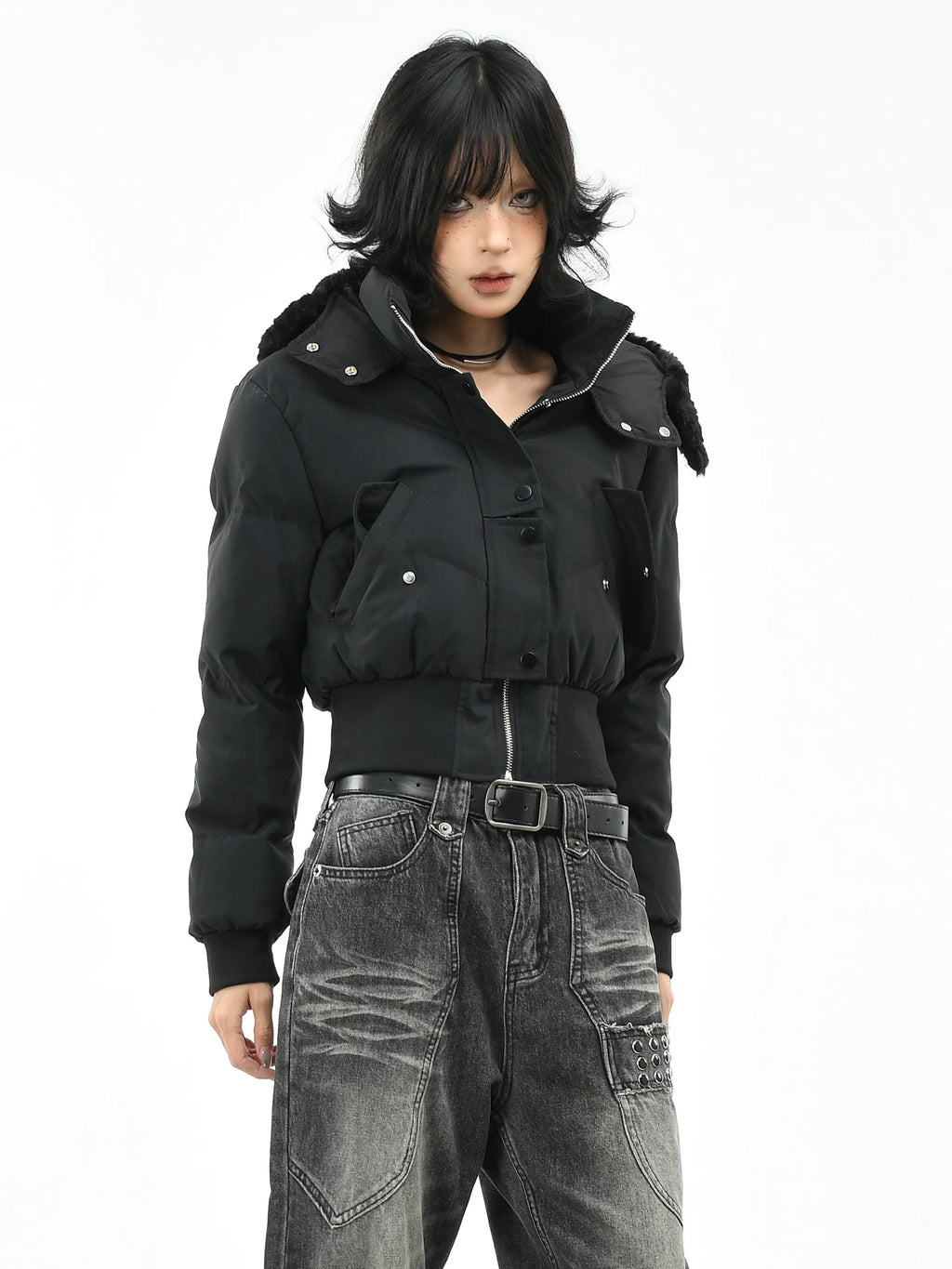 OV original American style widened thread waist design hooded cotton jacket women's winter short style slimming cotton jacket