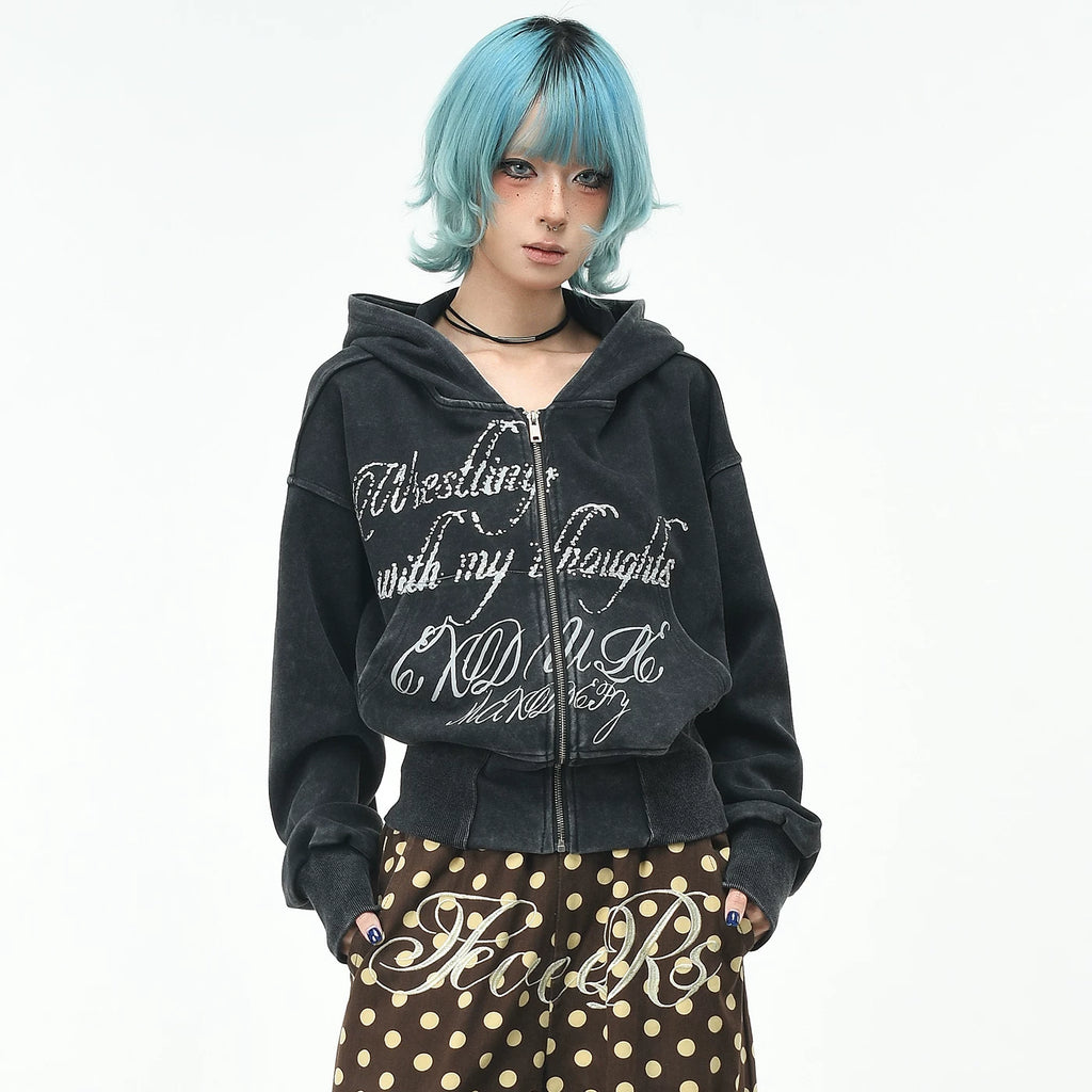 OV Original Retro Hot Diamond Widening Thread Waist Hoodie Women's Autumn Loose Short cardigan Show Thin Coat