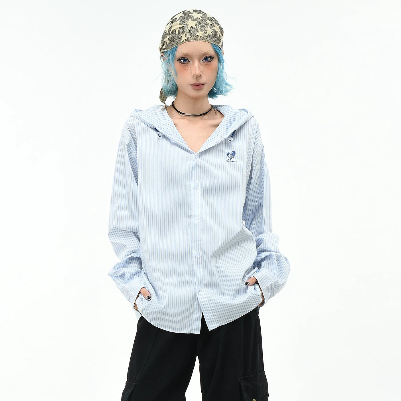 OV original college style vertical striped hooded long sleeved shirt for men and women in autumn, loose and versatile casual couple shirt trend