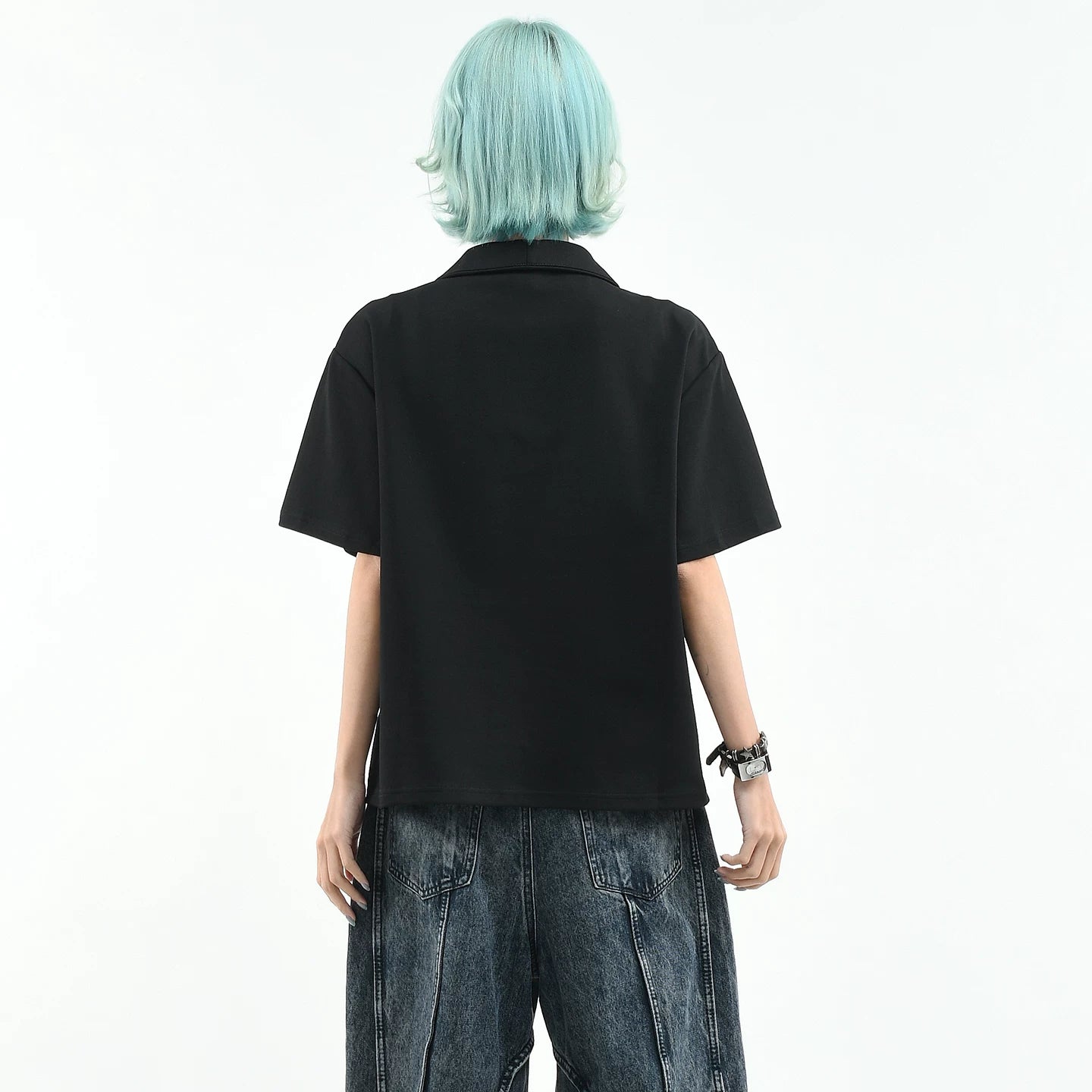 OV Original/Double breasted suit collar, shoulder pads, lapel collar, short sleeved women's summer loose and luxurious feeling, old money style T-shirt, men's trend