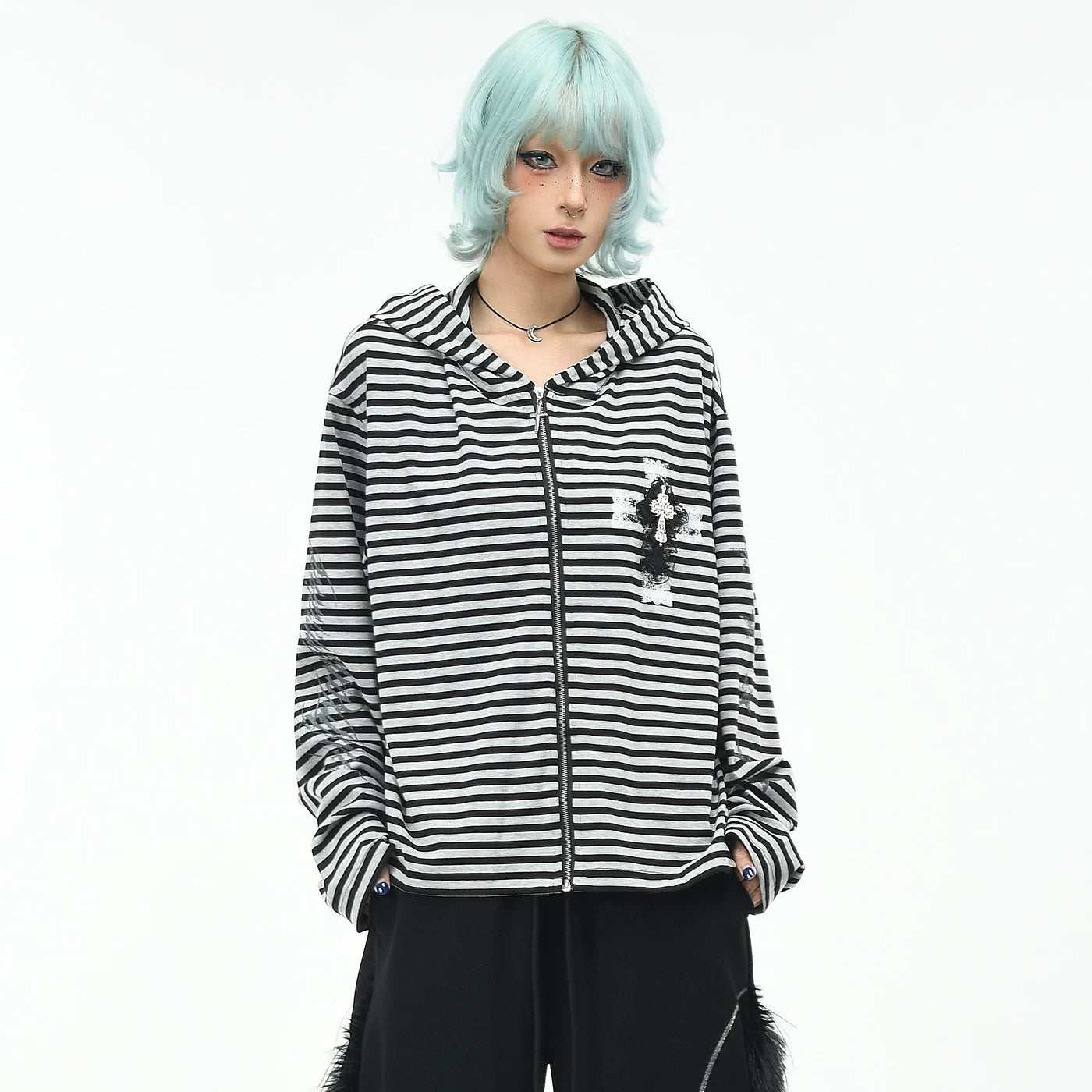 OV original light Asian style striped cross hooded sweatshirt for men and women autumn loose short Gothic cardigan jacket trendy