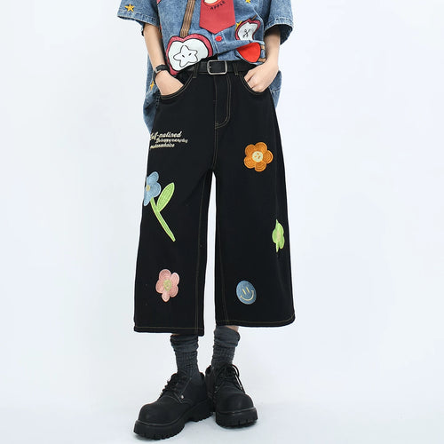 OV original American cropped pants with floral embroidery, washed denim, men's and women's summer retro loose shorts trend
