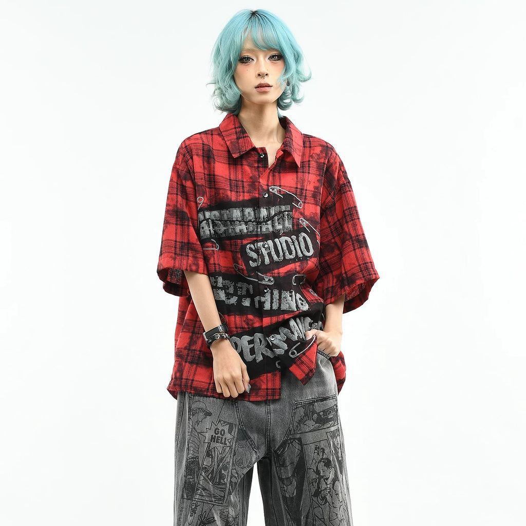 OV Original American Retro Checkered Pin Printed Short Sleeve Shirt for Women's Summer Loose Trendy Brand Casual Couple Top