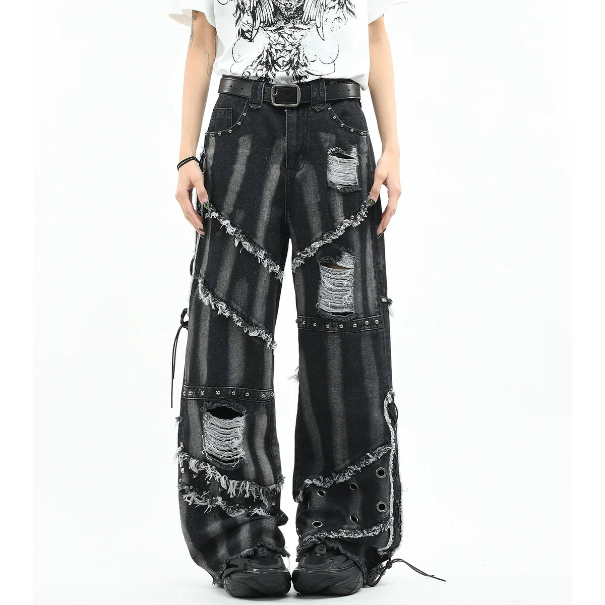 OV original American punk rivet distressed washed denim jeans for men and women, lightweight and loose straight leg with frayed edges, long pants