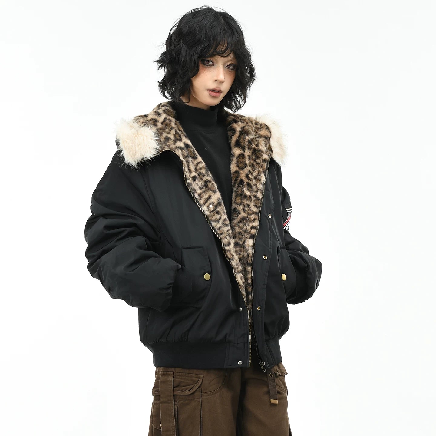OV original American leopard print mountain carved fur collar hooded cotton jacket for women in winter, loose fitting cotton jacket for men, flying cotton jacket