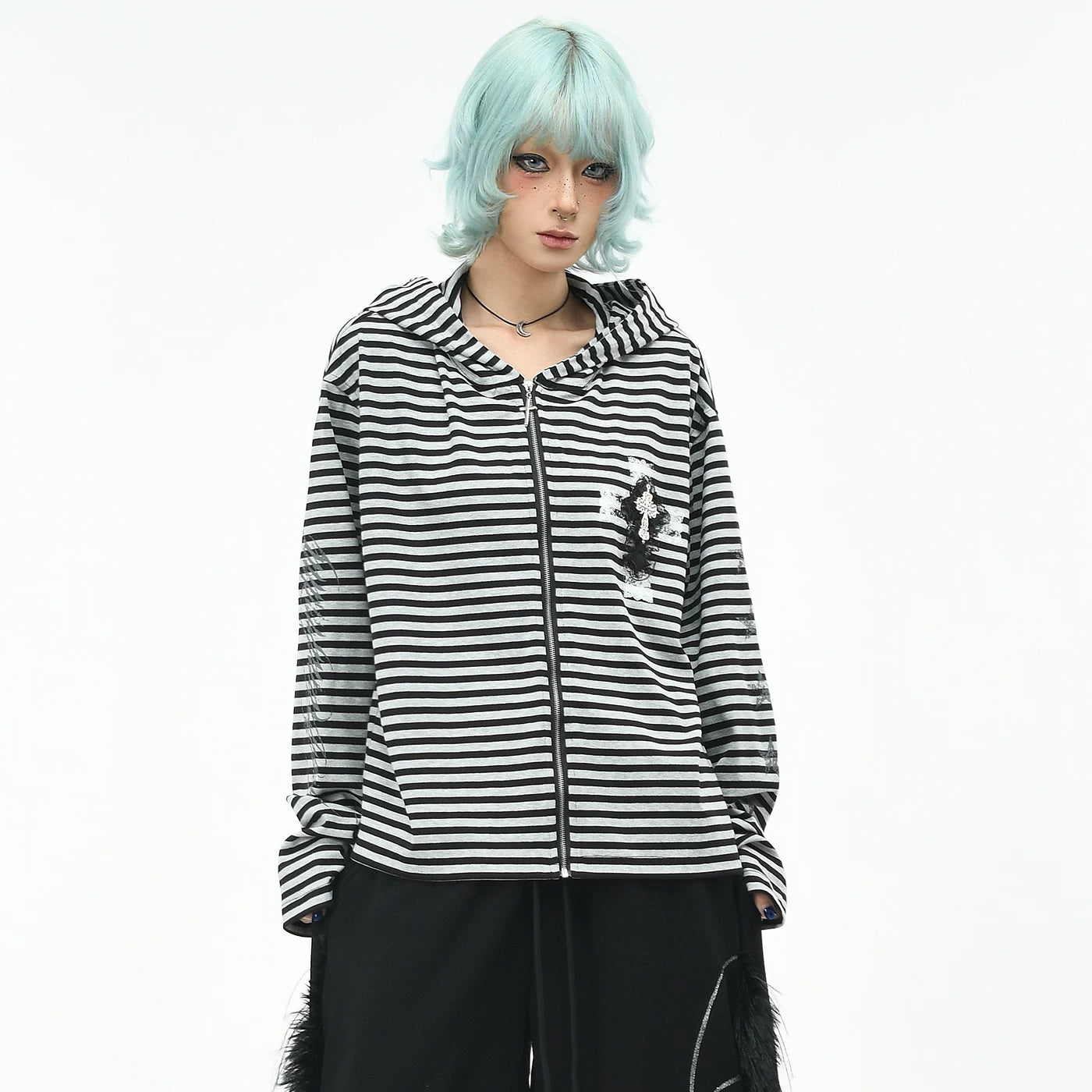 OV original light Asian style striped cross hooded sweatshirt for men and women autumn loose short Gothic cardigan jacket trendy