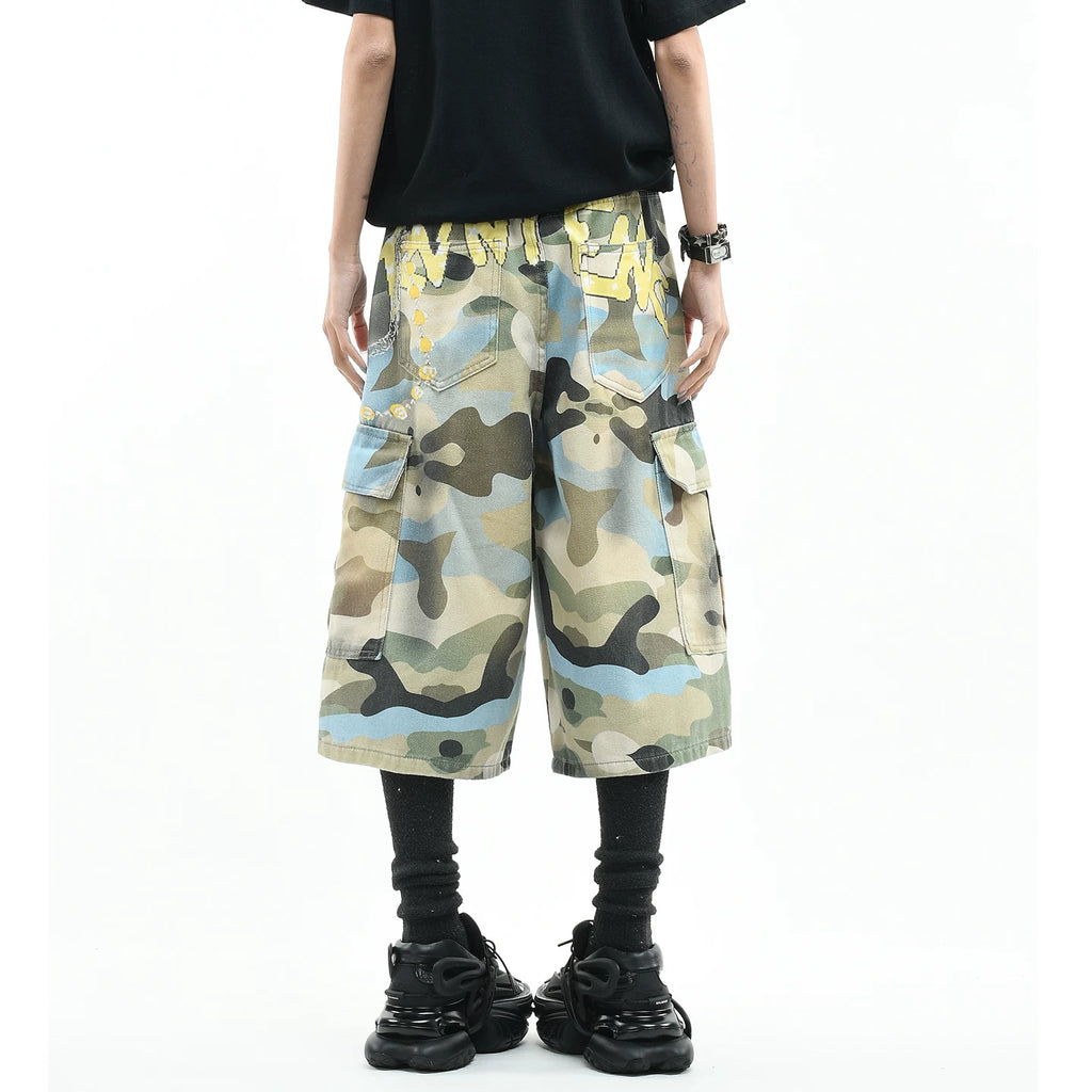 OV original American camouflage 3D printed workwear, women's summer loose multi pocket straight leg casual short, men's