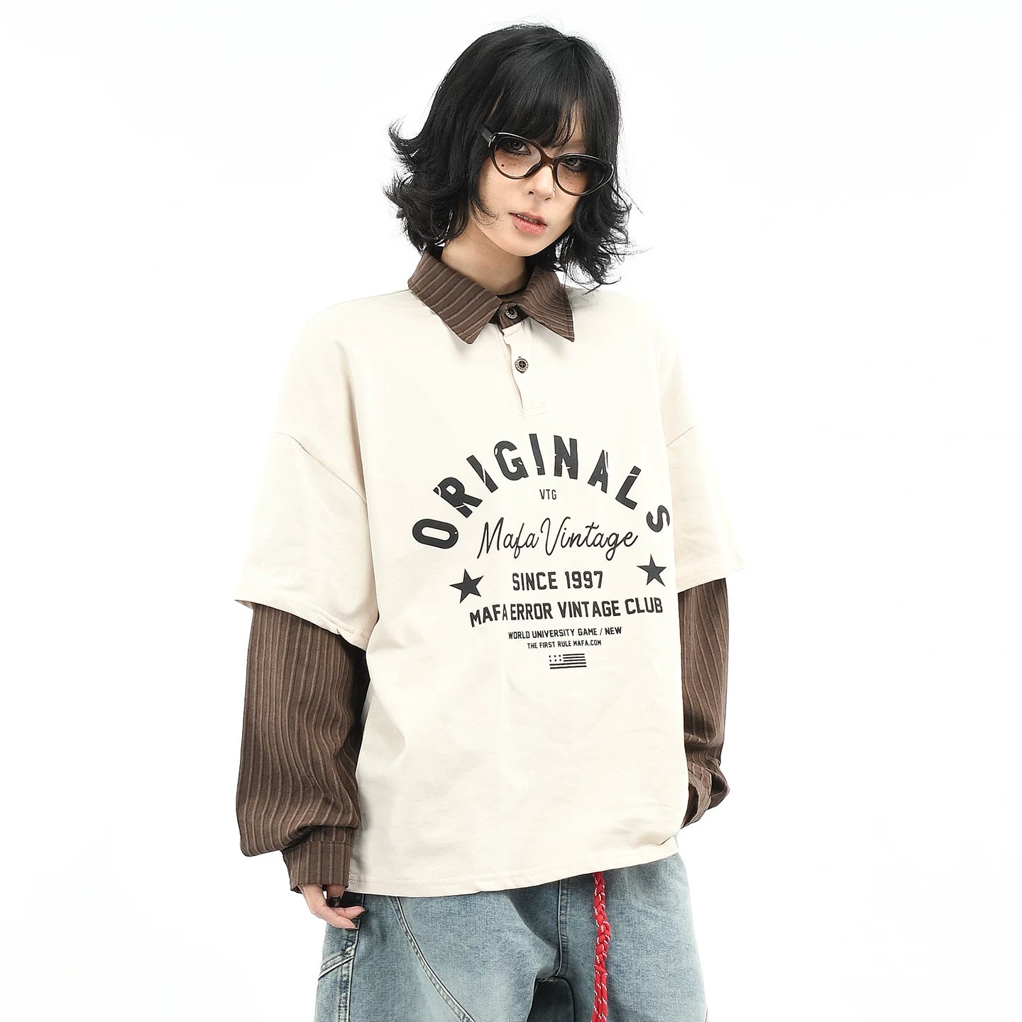 OV Original/American Retro Fake Two Piece Stripe Splicing Collar T-shirt for Men and Women Autumn Street Loose Long Sleeve Polo