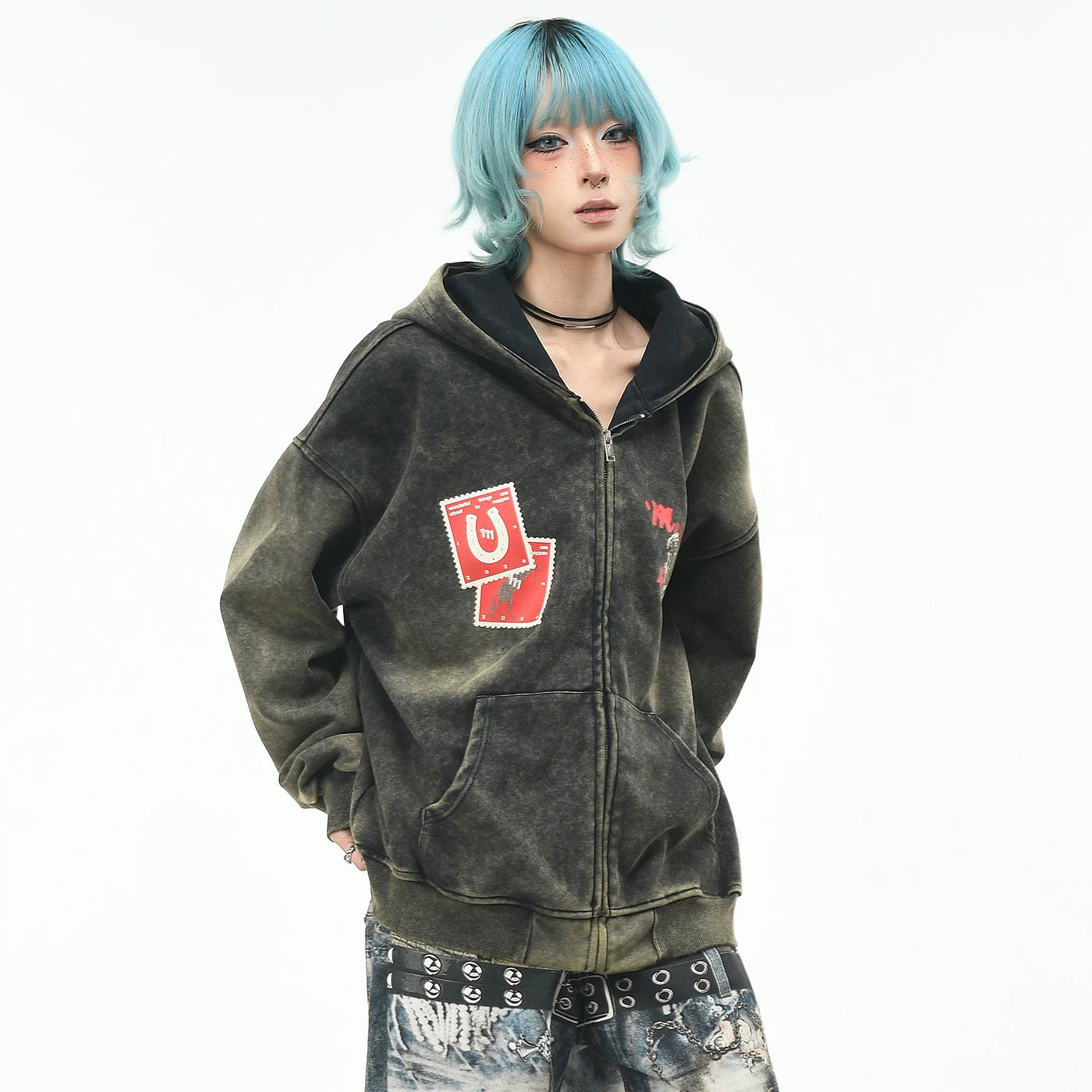 OV original American retro distressed dirty dye cardigan hooded sweatshirt for men and women BF autumn loose zipper trendy brand jacket