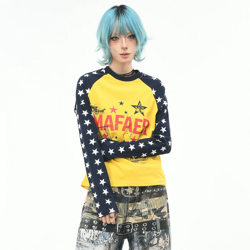 OV Original/American Trendy Brand Star Full Print Color Contrasting Long sleeved T-shirt for Women in Autumn, Slim fit Short, Cudgelet Top Trendy