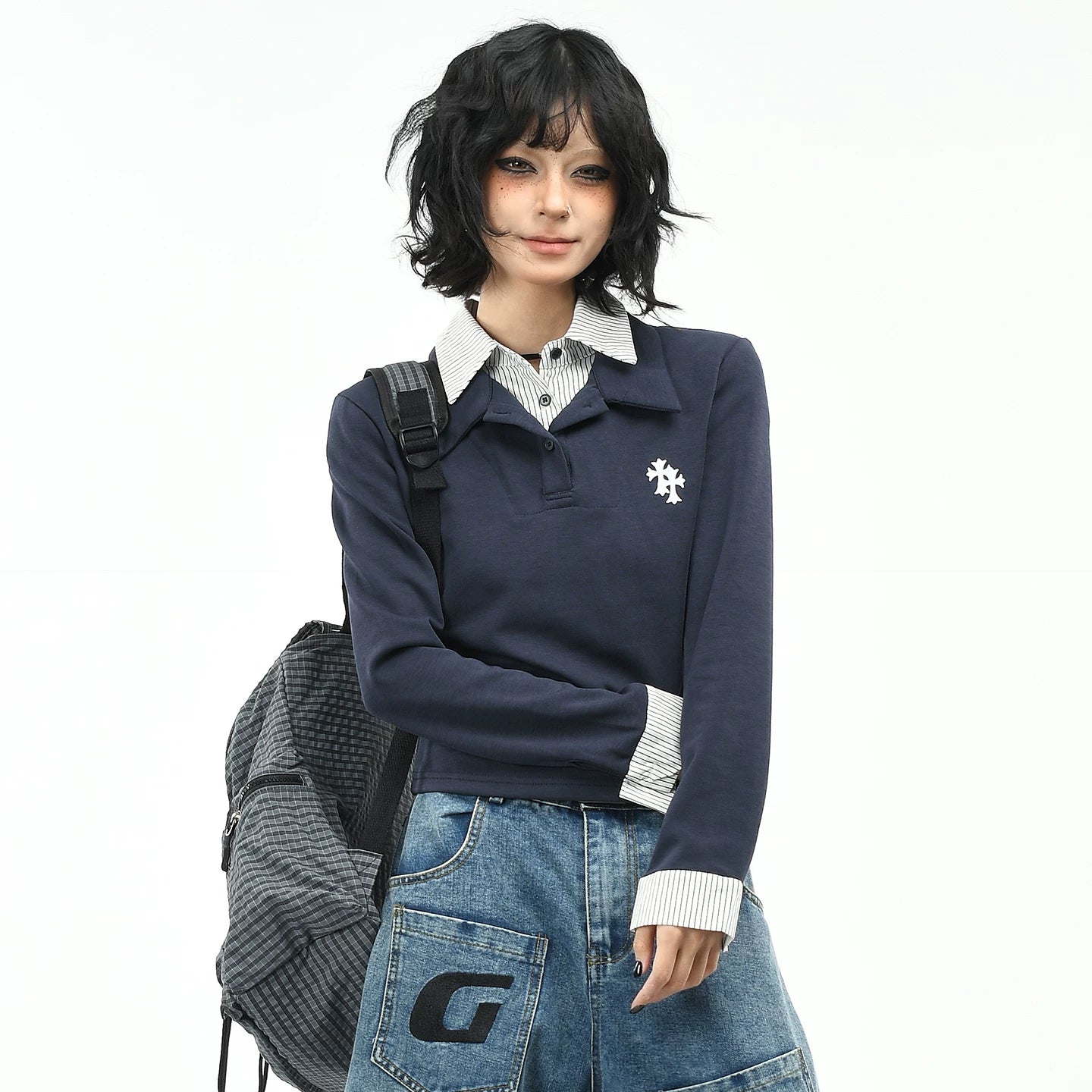 OV Original/American College Style Vacation Two POLO Collar Long Sleeve T-shirt for Women Autumn Short Shoulder Casual Top Trendy