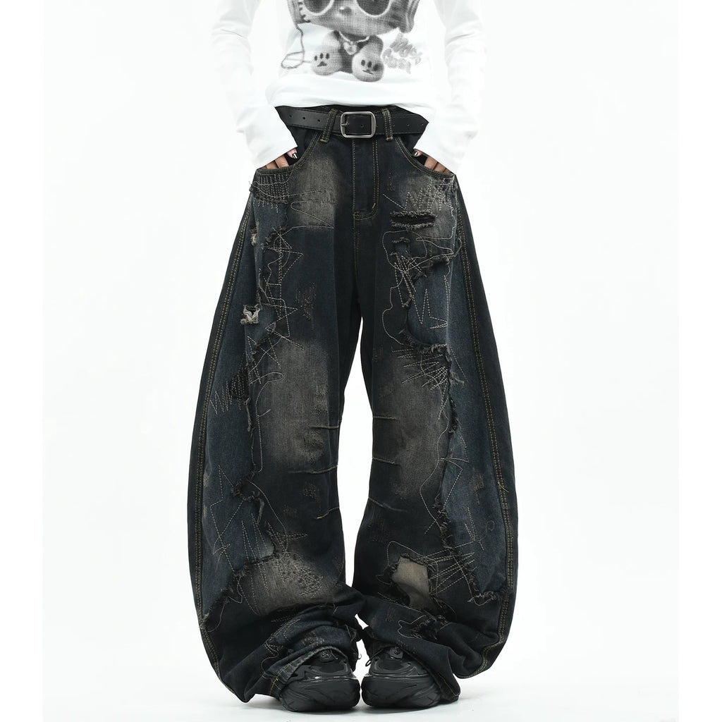 OV original American style random needle embroidery, vintage curved knife jeans, men's and women's destructive splicing, heavyweight loose wide leg pants