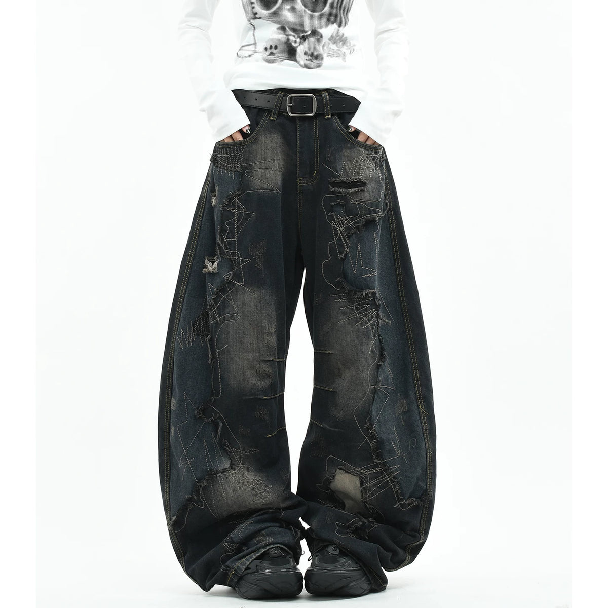 OV original American style random needle embroidery, vintage curved knife jeans, men's and women's destructive splicing, heavyweight loose wide leg pants