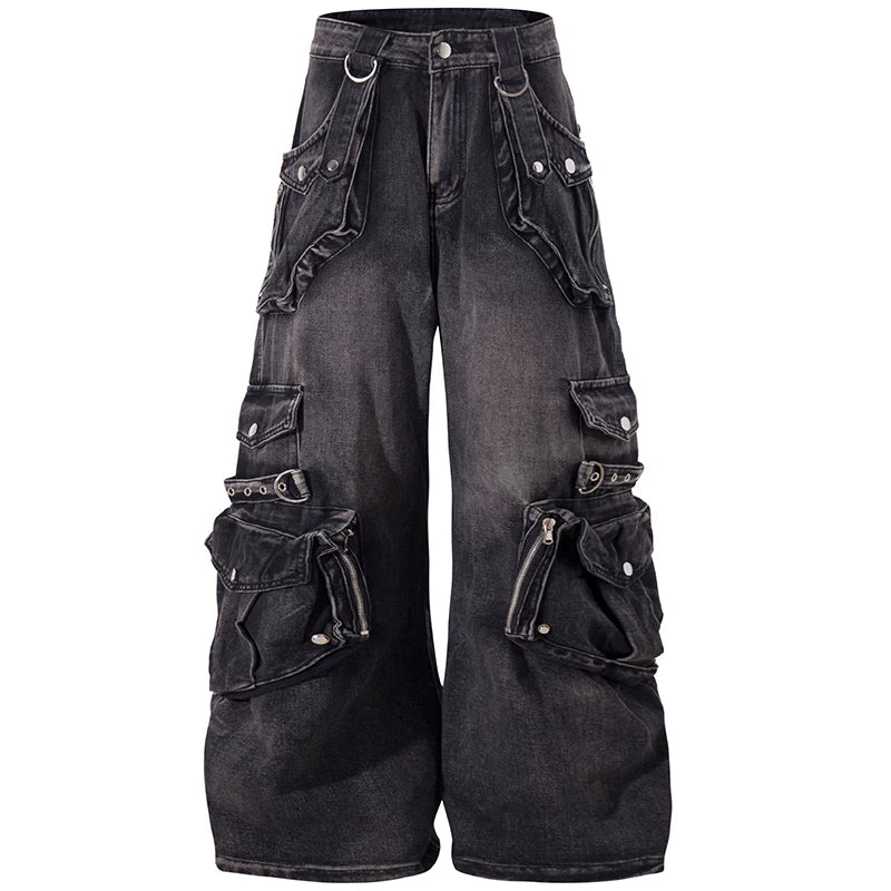 OV original American heavy industry vintage washed multi pocket workwear jeans for men and women loose wide leg punk style pants