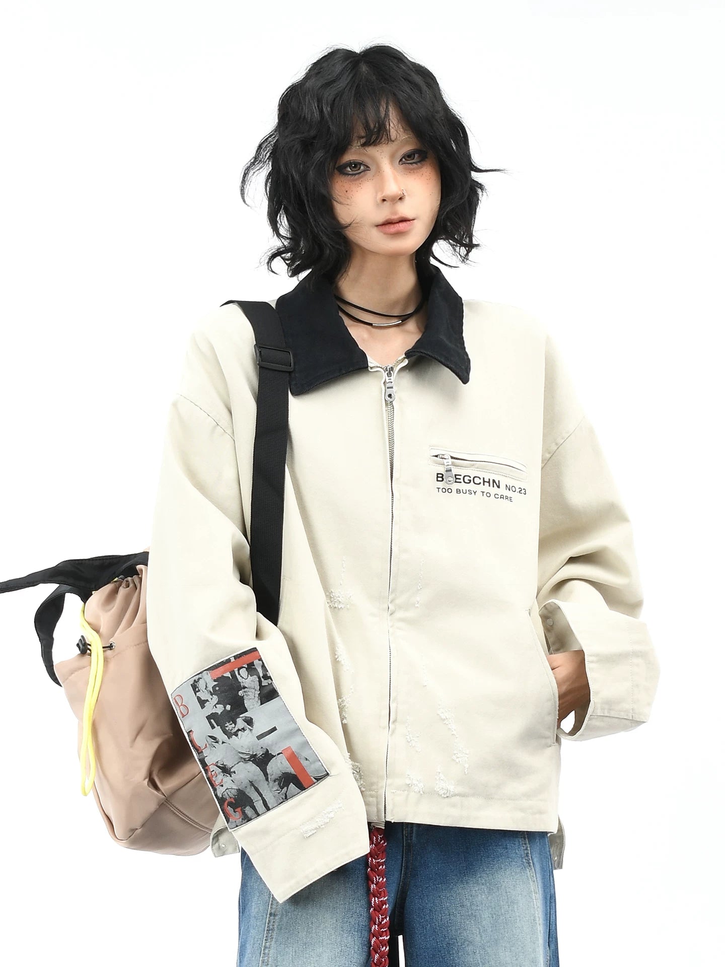 OV original American retro character patch embroidered washed workwear jacket for men and women, autumn street short and wide casual jacket