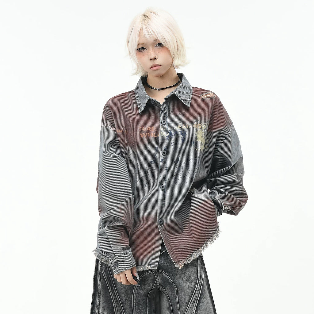 OV original wasteland style vintage striped long sleeved shirt for men and women in autumn, loose gradient perforated and rough edged shirt for the streets