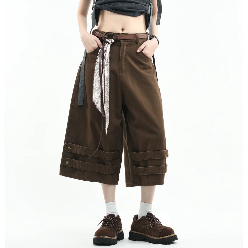 OV original American retro scarf belt design work pants for men and women, summer loose wide leg casual cropped pants trend