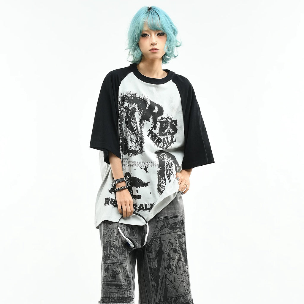 OV Original/Dark Color Contrast Splicing Graffiti Short Sleeve T-shirt for Men and Women Summer Trendy Brand Loose Dirty Stained Half Sleeve Top