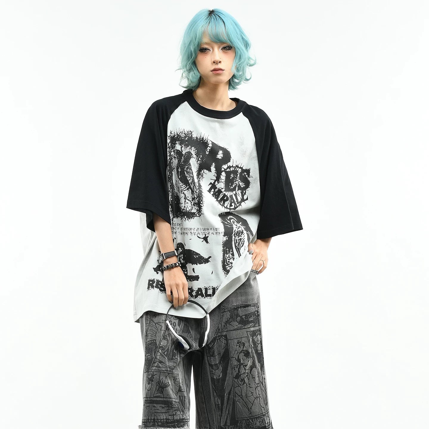 OV Original/Dark Color Contrast Splicing Graffiti Short Sleeve T-shirt for Men and Women Summer Trendy Brand Loose Dirty Stained Half Sleeve Top