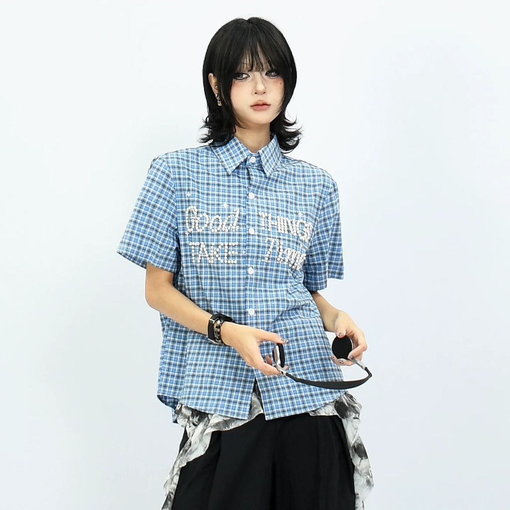 OV original American retro checkered shoulder short sleeved shirt with women's nail bead design, casual short style, summer shirt trend