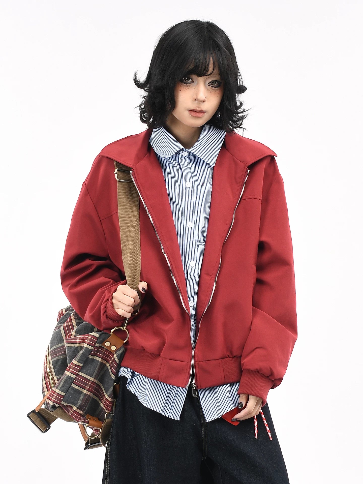 OV original American striped fake two-piece spliced lapel jacket for women, autumn street loose casual workwear jacket for men