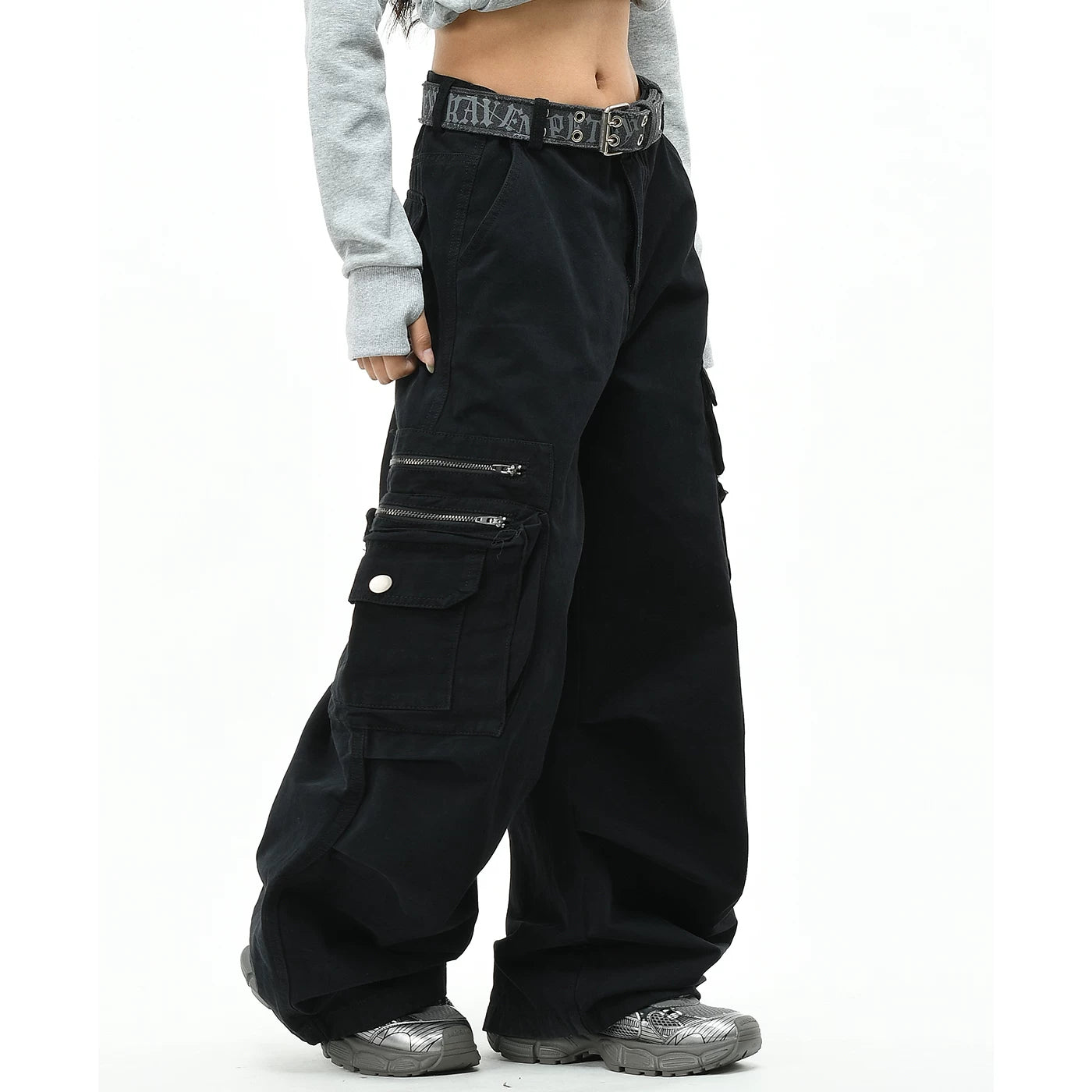 OV original American high street zipper multi pocket washed work pants for men and women, loose straight leg pleated casual pants, trendy
