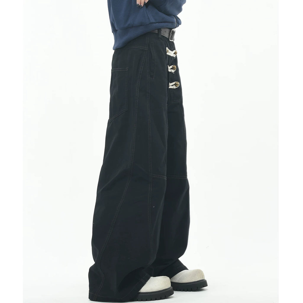 OV original palace style rope embroidery double breasted design sense casual pants for men and women loose wide legs deconstruction workwear pants trend