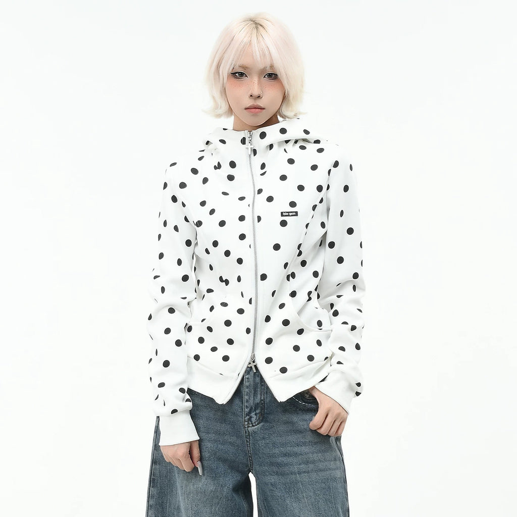 OV original Korean style polka dot print short hooded sweatshirt for women in autumn, college style, slim fit zipper cardigan jacket, trendy