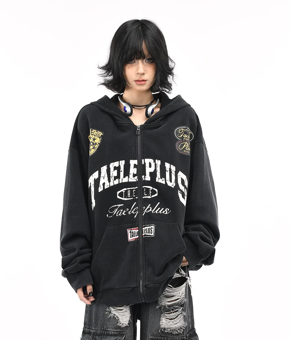OV original American racing style vintage washed hooded sweatshirt for men and women autumn loose casual cardigan zipper jacket