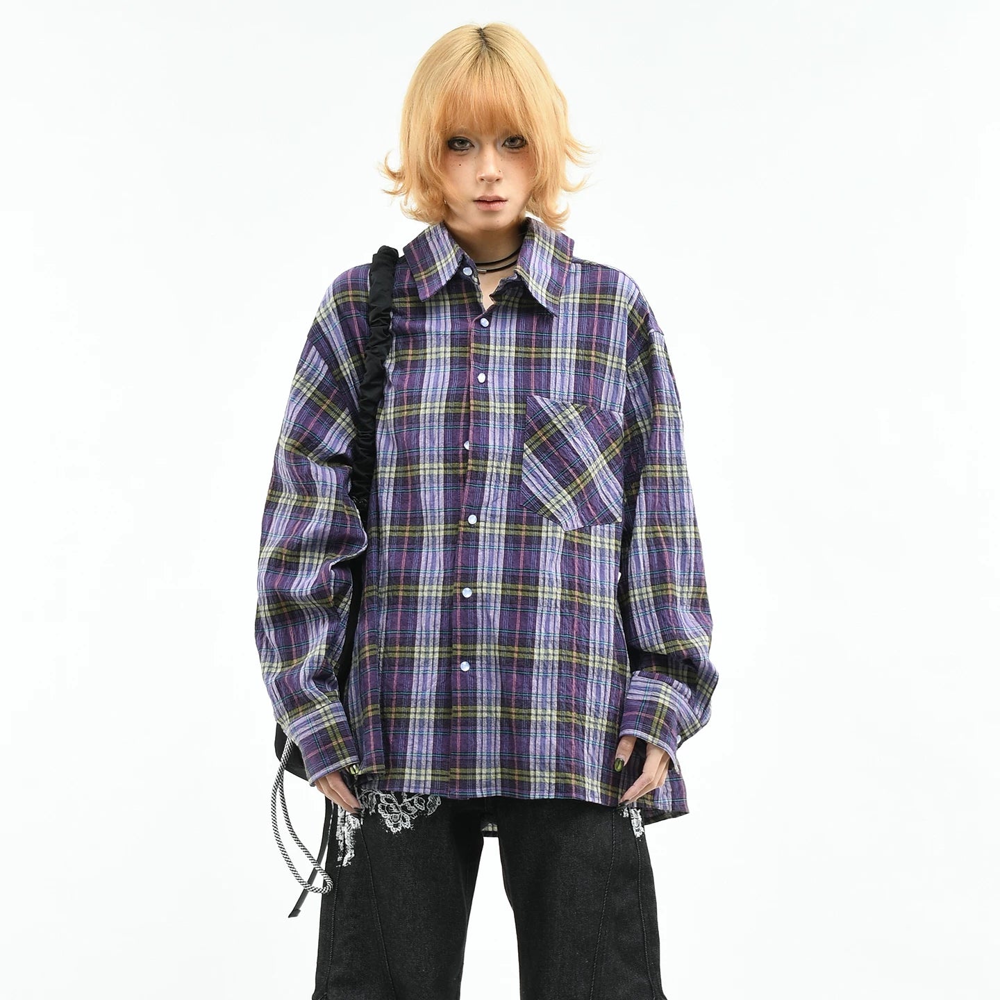 OV original American light wrinkled texture relaxed silhouette long sleeved shirt for women in spring, loose retro checkered shirt for men