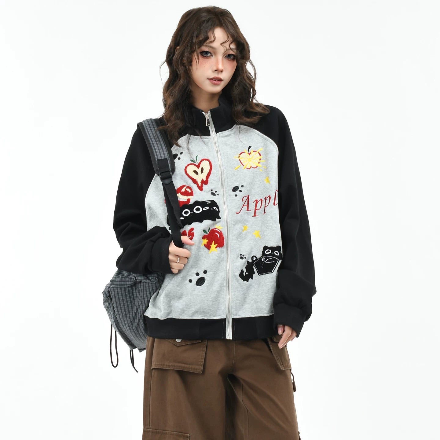 OV original fun cartoon towel embroidery cardigan zipper sweatshirt women's autumn contrasting color couple loose stand up collar jacket