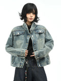 OV original American washed vintage stand up collar denim jacket for women's autumn street ruff and casual short jacket top