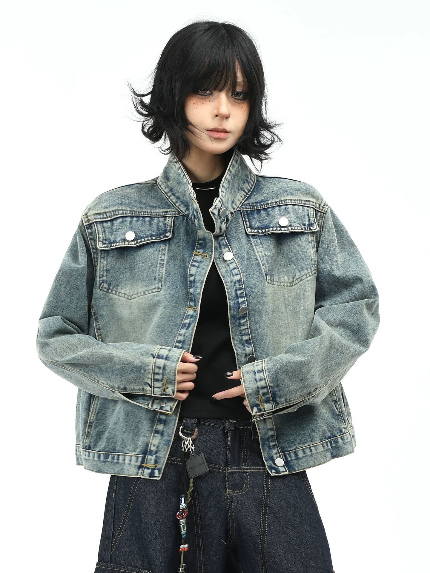 OV original American washed vintage stand up collar denim jacket for women's autumn street ruff and casual short jacket top