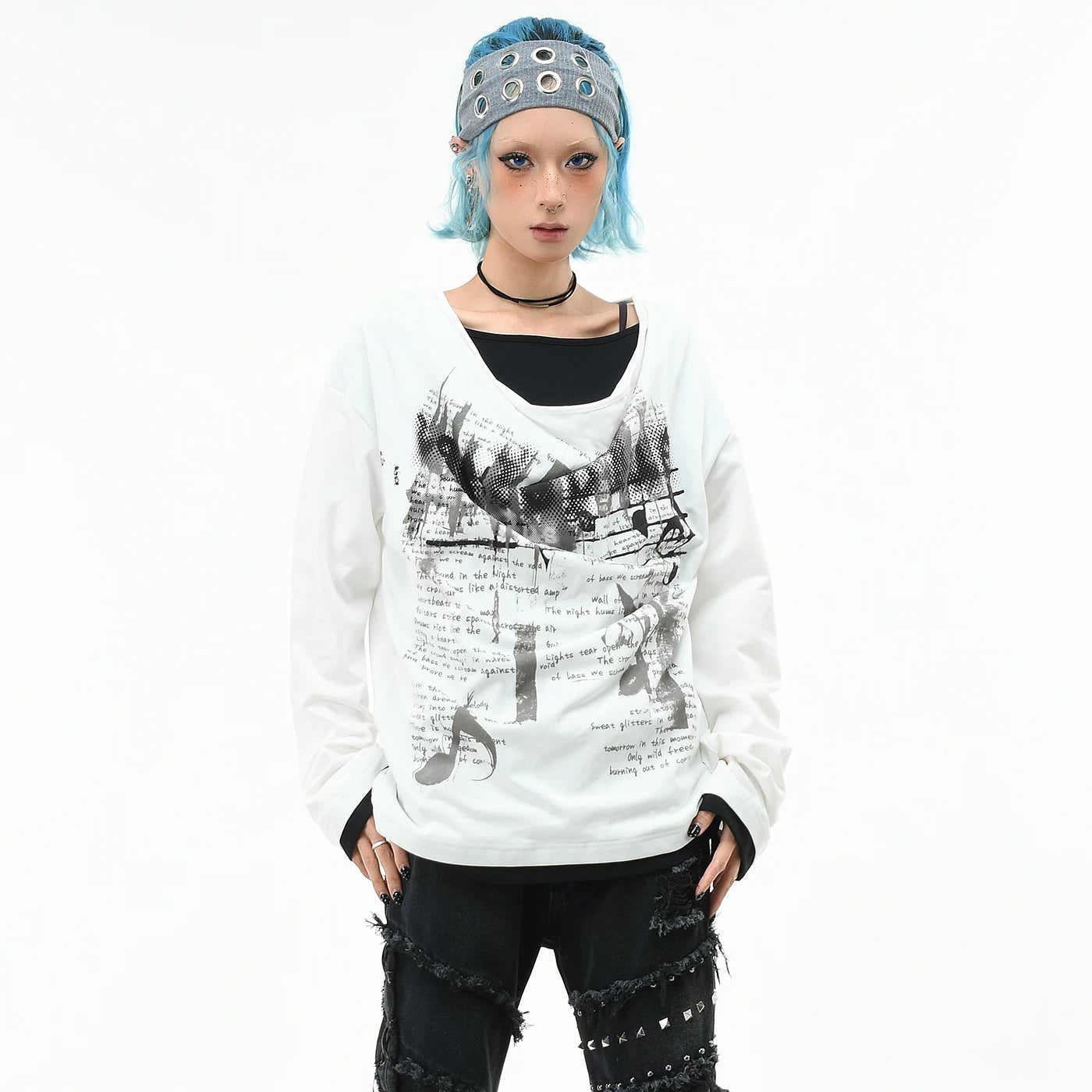 OV original/punk Abi style musical note printed long sleeved T-shirt for men and women autumn loose pile collar fake two-piece top