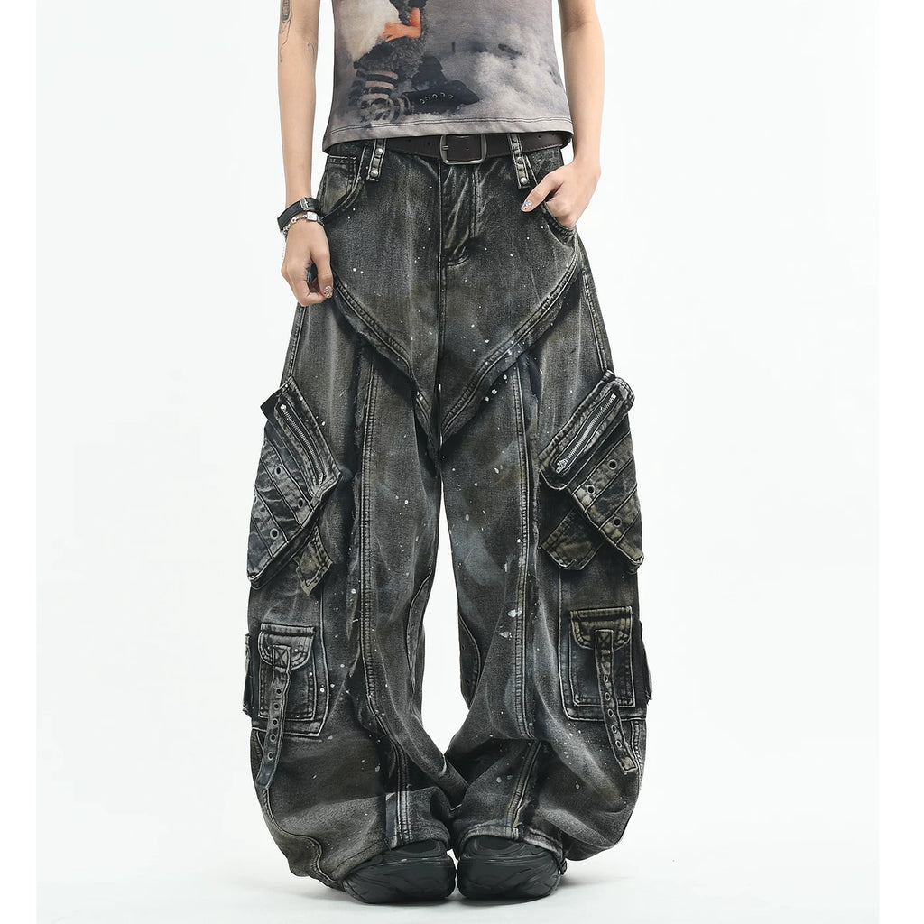 OV original American heavyweight deconstruction multi pocket vintage curved jeans for men and women loose wide leg splashed ink long pants