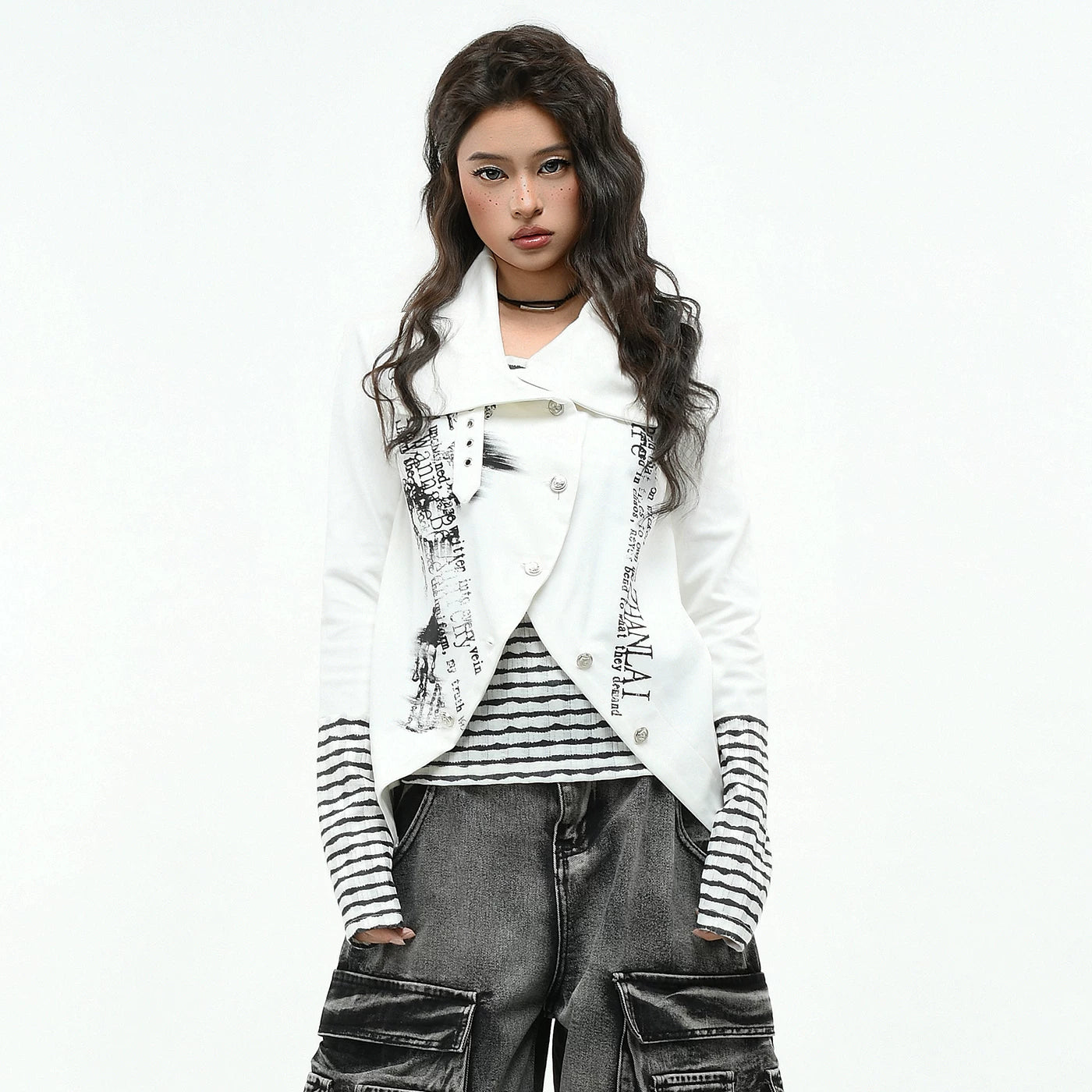 OV Original/Subcultural Stripe Fake Two Piece Splicing Long Sleeve T-shirt for Women's Autumn Slimming Short Style Stacked Trendy Brand Top