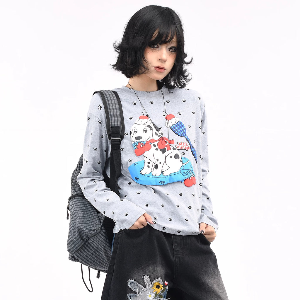 OV Original/American Fun Dog Foam Printed Long Sleeve T-shirt for Women Autumn Front Shoulder Short Casual Bottom Top