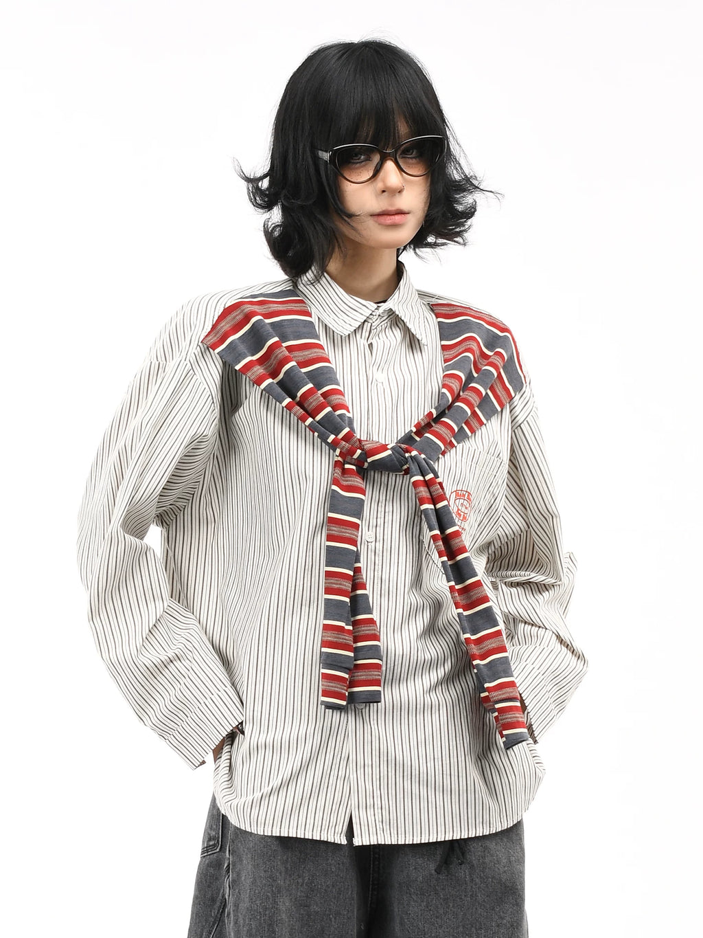 OV original American retro striped shawl design long sleeved shirt for men and women autumn street loose casual shirt trend