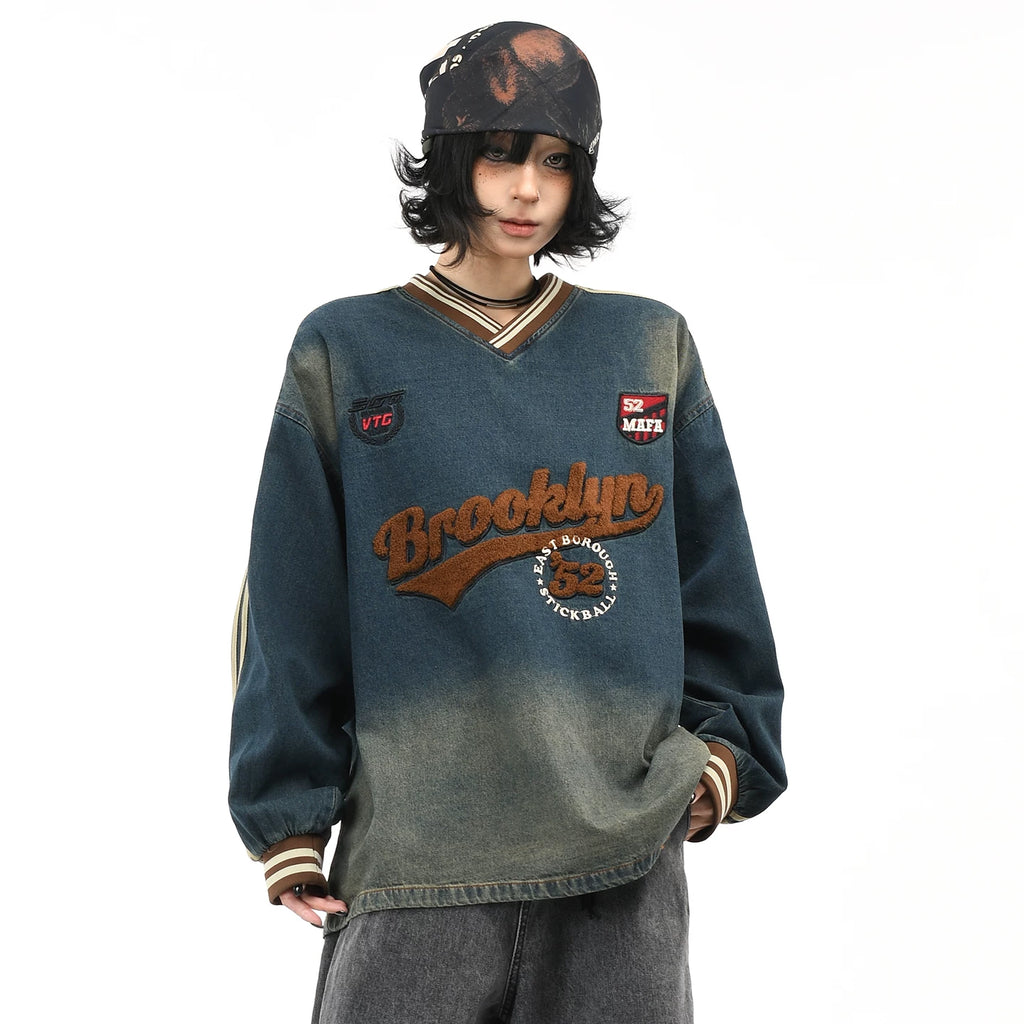 OV original/American college style V-neck washed denim hoodie for men and women, autumn loose towel embroidered retro top trend