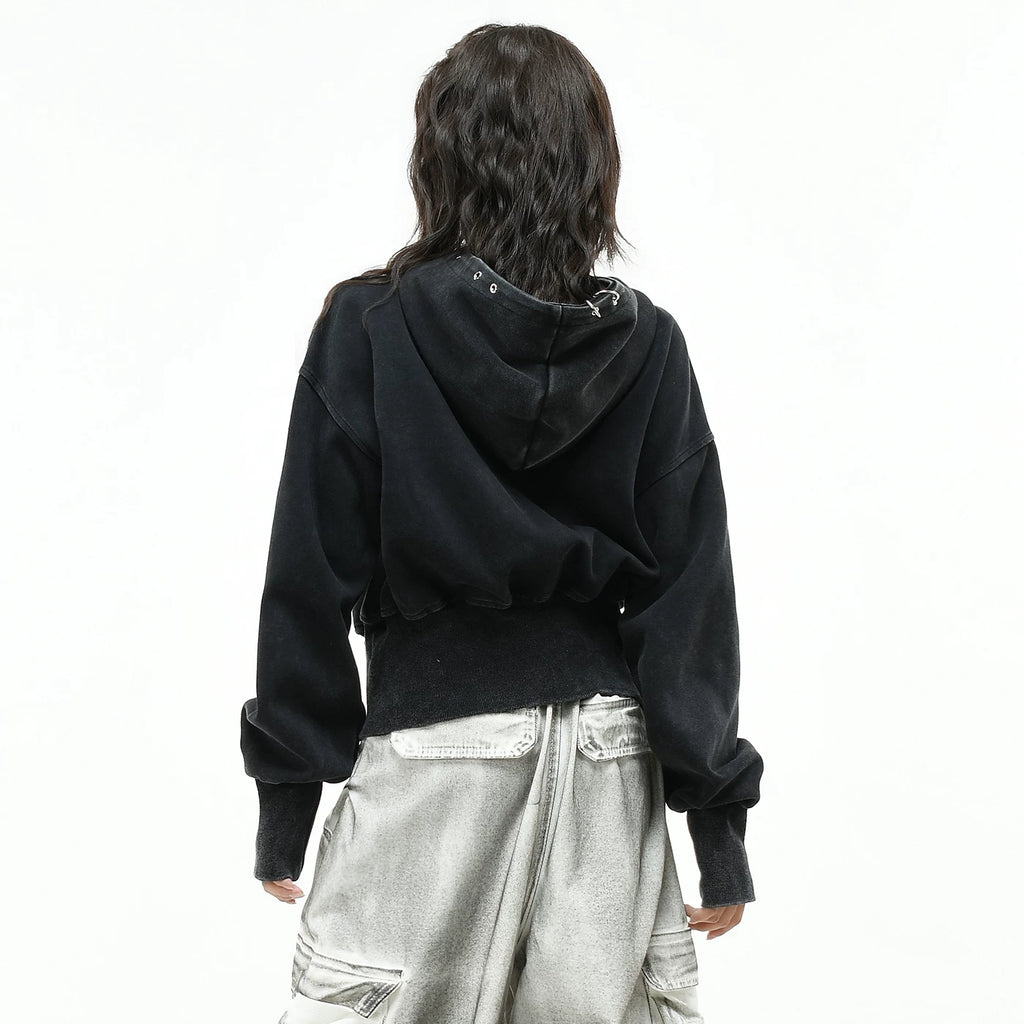 OV original subculture character print vintage hooded sweatshirt for women in autumn, loose short style, waist cinched cardigan jacket trend