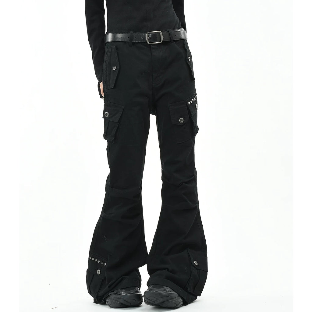 OV original American punk subculture multi pocket work pants with rivet design for men and women, slim fit micro flared pants, trendy