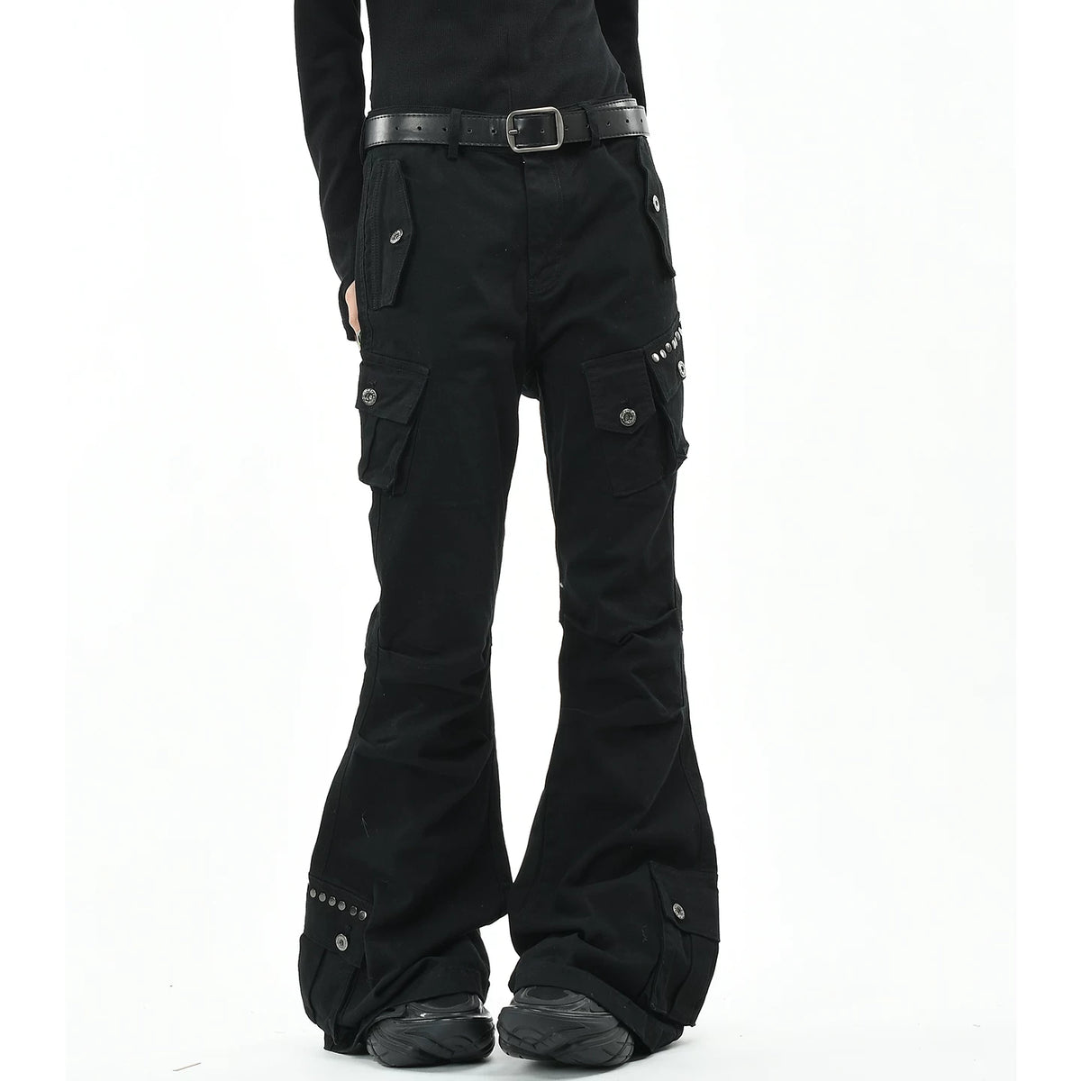 OV original American punk subculture multi pocket work pants with rivet design for men and women, slim fit micro flared pants, trendy