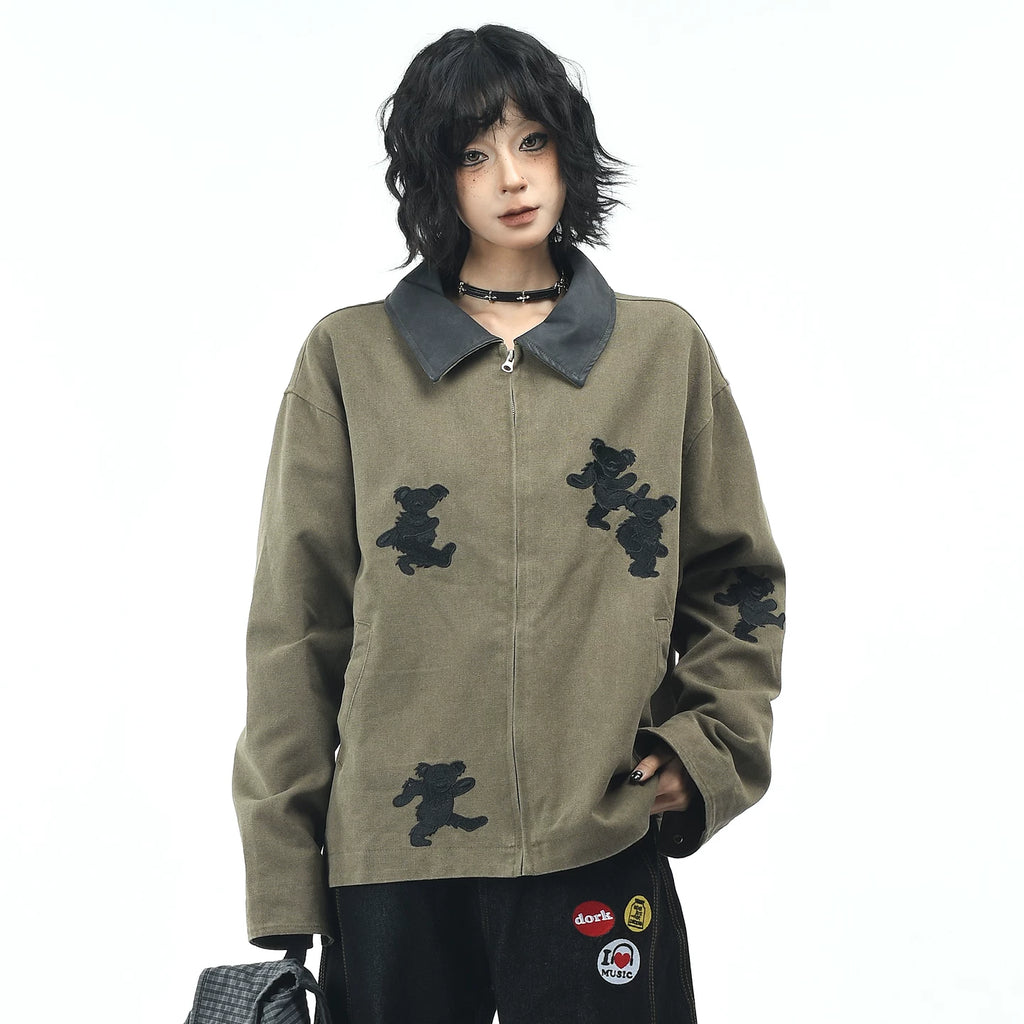 OV original American dance teddy bear embroidered washed workwear jacket for men and women, autumn loose casual lapel jacket trendy